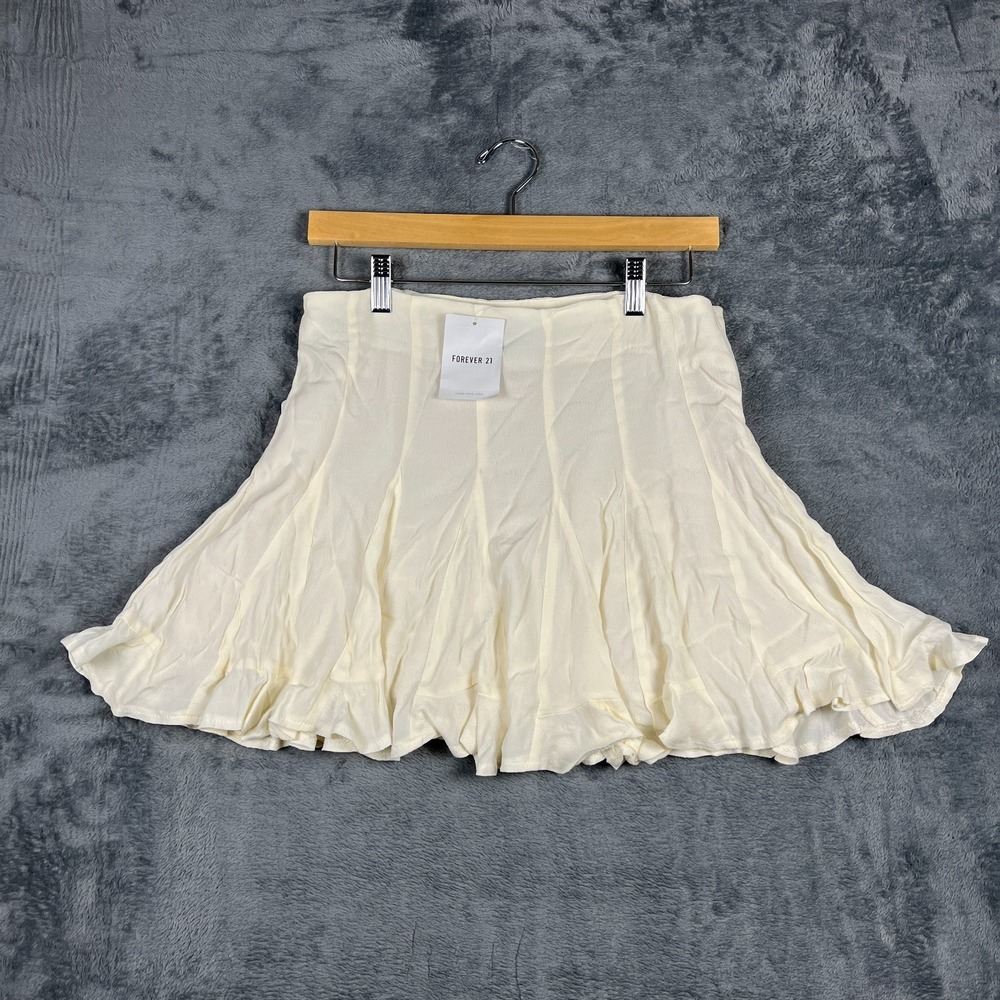 Forever 21 Mini Skirt Womens Medium Beige Lined Flared Hem Side Zip Minimalist